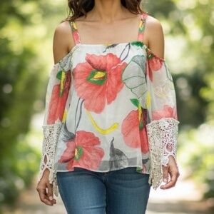 Voom By Joy Han Floral Off-Shoulder Top Crochet Lace 3/4 Sleeve White Pink Med